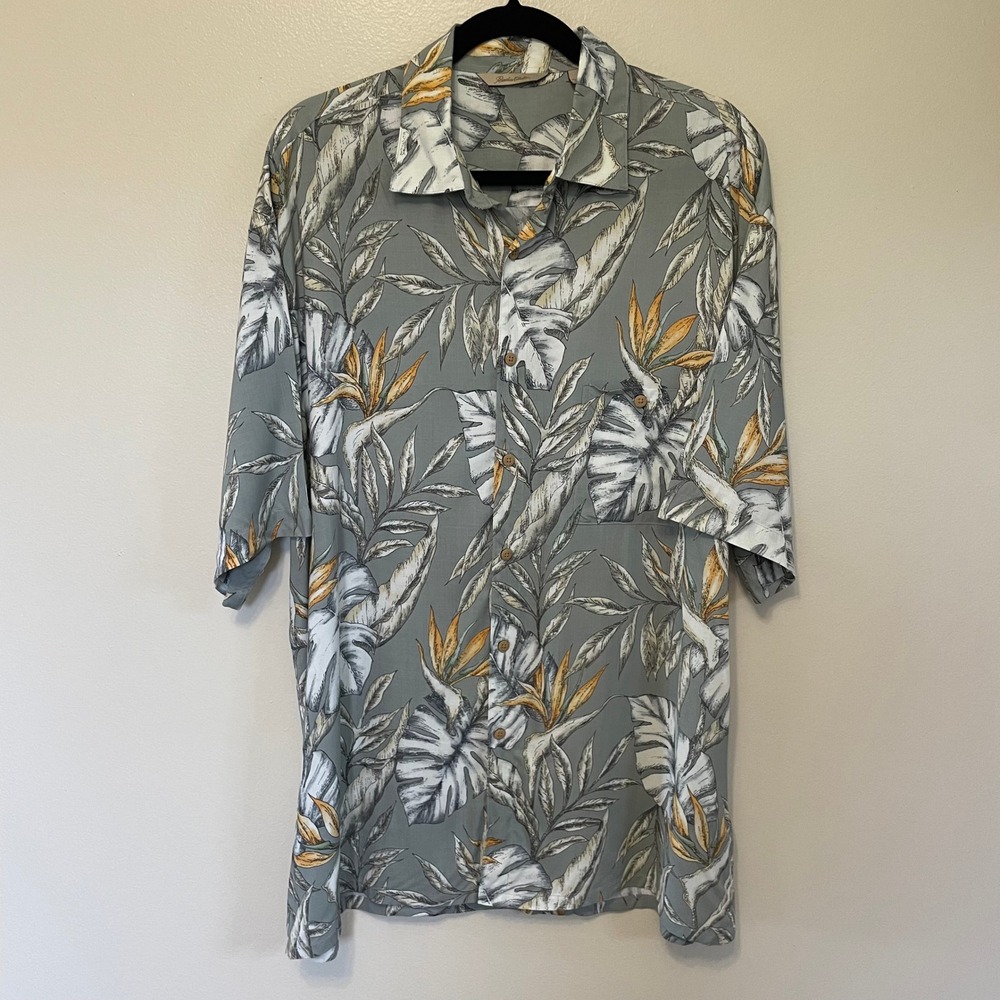 VTG 90s Muted Grey Silk Tropical Camp Hawaiian Shirt L Paradise Collection